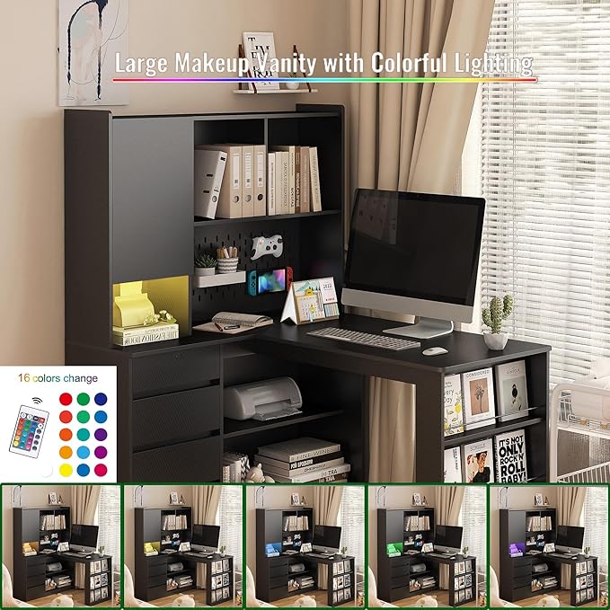 Penau L Shaped Computer Desk with Drawers &amp Hutch Modern Corner Desk with LED Lights Large Working Space for Home Office Black MDF