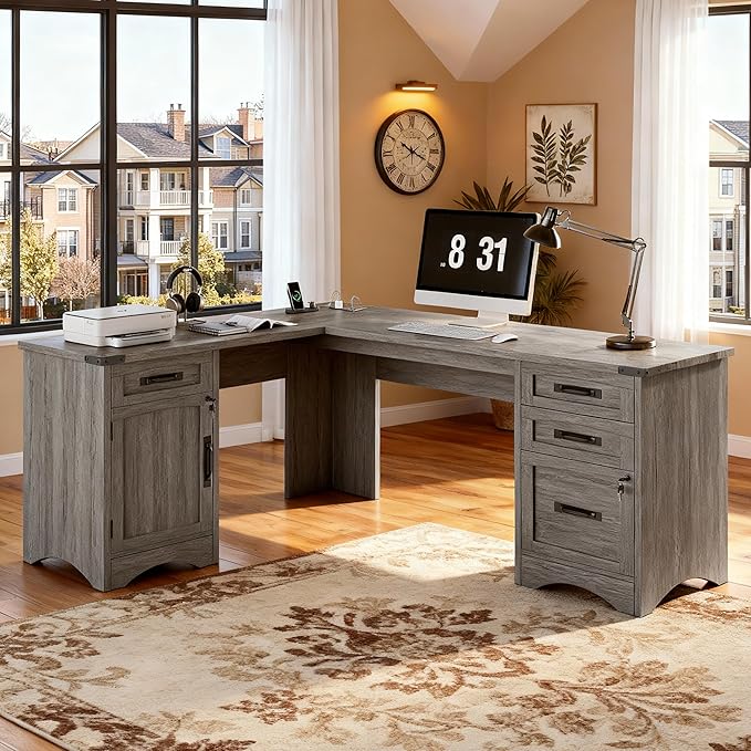 L Shaped Farmhouse Executive Desk with Drawers 67 Home Office Desks with Fast Charging Station Lockable File Cabinet Wood Writing Computer Desk for Work Study Grey