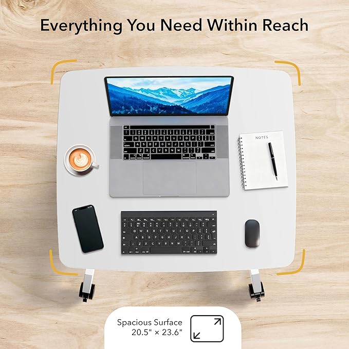 Mount-It! Adjustable Rolling Laptop Desk Mobile Standing Desk with Wheels Small Sit-Stand Computer Cart for Home Office or Classroom 29.6–44.2 Height 23.6x20.5 Desktop White