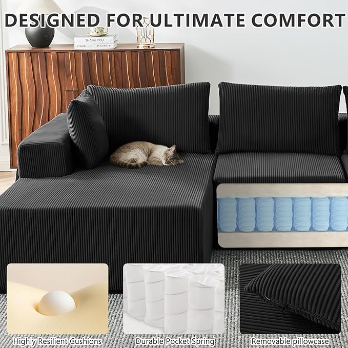 109 Cloud Sectional Couch Boneless Couches for Living Room Modular Sectional Sofa with Deep Seat L-Shape Couch with Chaise Comfy Corduroy Fluffy Modern Modular Sofa No Assembly Required Black