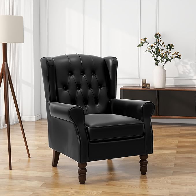 UIXE Faux Leather Accent Chairs Set of 2 High Back Upholstered Armchair for Living Room Wingback Chair Comfy Single Sofa Bedroom Reading Seat with Solid Wood Legs - Black