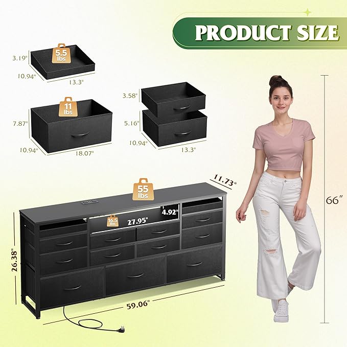 WLIVE Black TV Stand for 55 60 65 inch TV Entertainment Center with LED Lights &amp Charging Station TV Media Console Table with 13 Fabric Drawers and Open Shelves for Living Room Hallway Wood