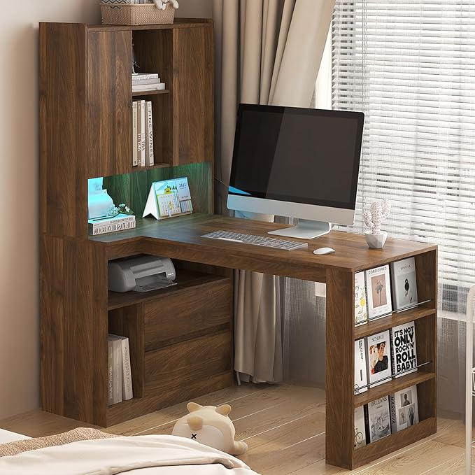 Anwick L Shaped Desk with Hutch Corner Computer Desk with Charging Station &amp Bookshelf &amp File Drawer Standing L Shape Desks for Home Office Bedroom Gaming Room Study Room (Wood-2)