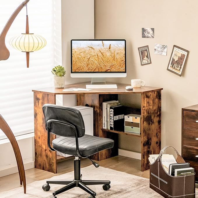 Tangkula Corner Desk 90 Degrees Triangle Computer Desk for Small Space Bedroom Makeup Vanity Desk with Storage Shelves &amp CPU Stand Space Saving