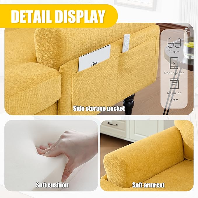 KEIKI Chaise Lounge Chair Indoor Oversized Accent Chenille Armchair with Storage Leisure Sleeper Single Sofa Side Chair Corner Recliner Arm Chairs for Living Room Reading Easy Assembly Yellow