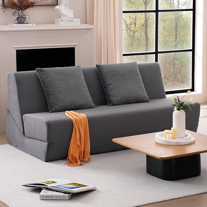 Folding Sofa Bed Convertible Sleeper Chair with Pillows High Support Memory Foam &amp Soft Corduroy Fbric Comfy Couch Bed Floor Loveseat Couch for Living Room Apartment Guest RoomGrey