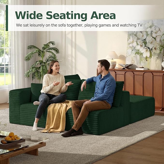MoonSpeak 107 Sectional Boneless Couches for Living Room.Deep Seat Corduroy L Shaped Modular Sofa.Cloud Sectional Sofa.Upholstered Couches with Oversized Chaise(GreenRight Chaise)