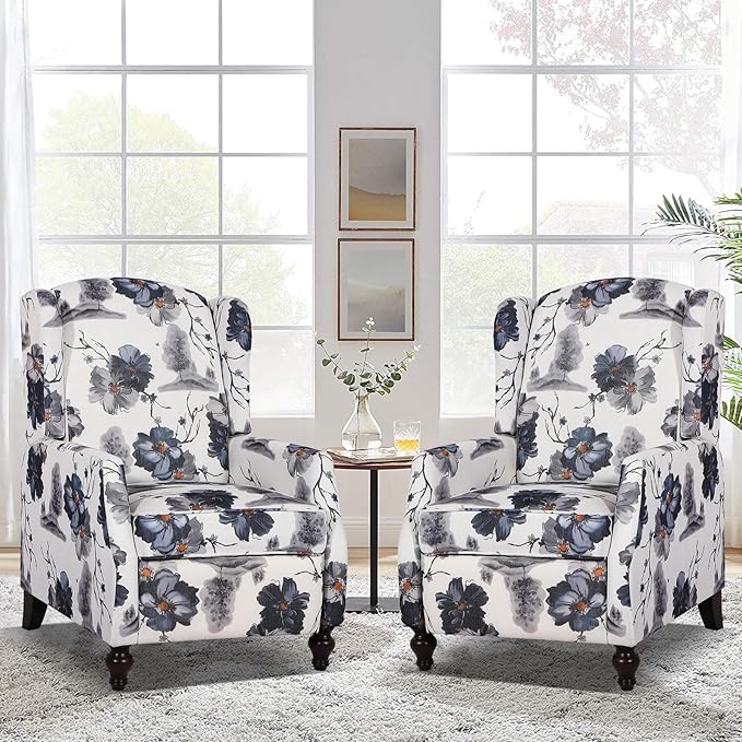 Set of 2 Wingback Recliner Chair - Tufted Arm Chair Recliner - Fabric Push Back Single Sofa for Living Room Adjustable Backrest (Blue Floral)