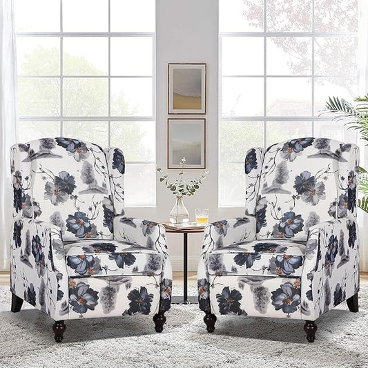 Set of 2 Wingback Recliner Chair - Tufted Arm Chair Recliner - Fabric Push Back Single Sofa for Living Room Adjustable Backrest (Blue Floral)