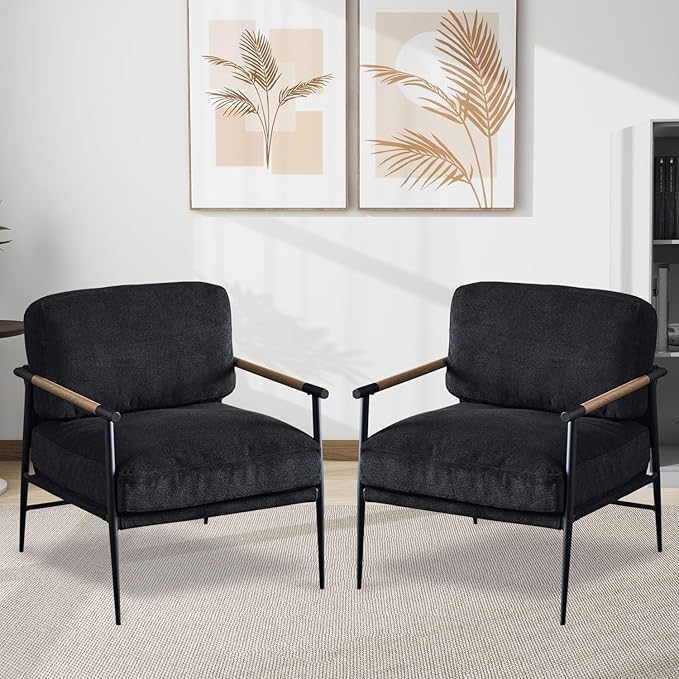 Accent Chair Set of 2Mid Century Modern Armchair for Living RoomBedroomOfficeLounge Comfy Chenille Upholstered Soft Removable Washable Cushions and PillowsMetal Wood-Grain Armrest Legs2PCSBlack