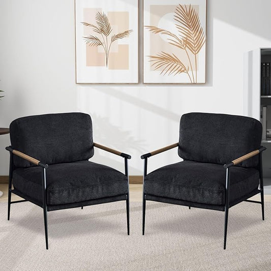 Accent Chair Set of 2Mid Century Modern Armchair for Living RoomBedroomOfficeLounge Comfy Chenille Upholstered Soft Removable Washable Cushions and PillowsMetal Wood-Grain Armrest Legs2PCSBlack