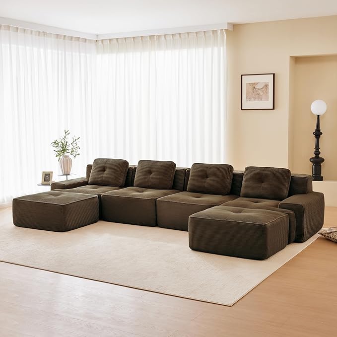 Hommoo 153 Oversized Sectional Sofa Modular U Shaped Couch with Ottoman Comfy Corduroy Couches with Deep Seat 6 Seat Convertible Boneless Sofa for Living Room No Assembly Required Brown