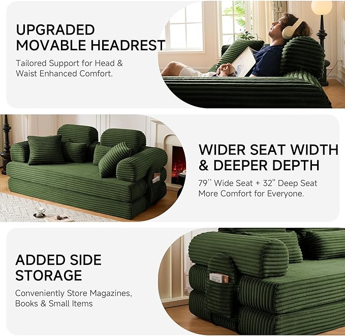 79 Sofa Bed Deep Seat 32 Sleeper Sofa 5-in-1 Convertible Sofa Bed Boneless Couch in a Box Corduroy Floor Futon with Thickened backrest and Headrest Pillows Side Pockets Dark Green