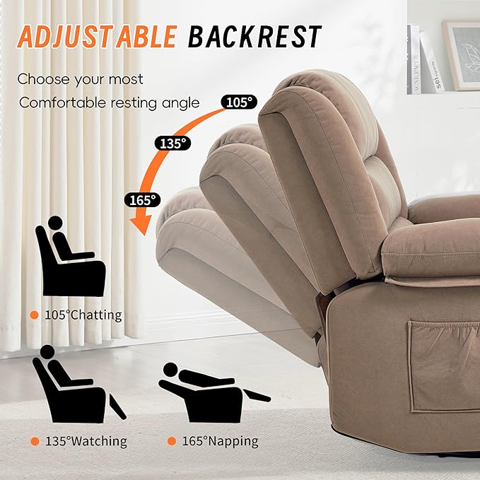 360°Swivel Rocker Recliner Chair for AdultsManual Glider Recliner Sofa with Massage and Heating Nursery Rocking Chairs with Cup Holds for Living Room Bedroom (Light Mocha)