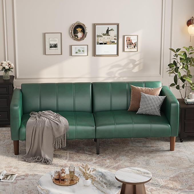 GarveeHome Futon Sofa Bed 75-Inch Modern Faux Leather Convertible Couch Mid-Century Loveseat for Small Space Living Room Bedroom Green