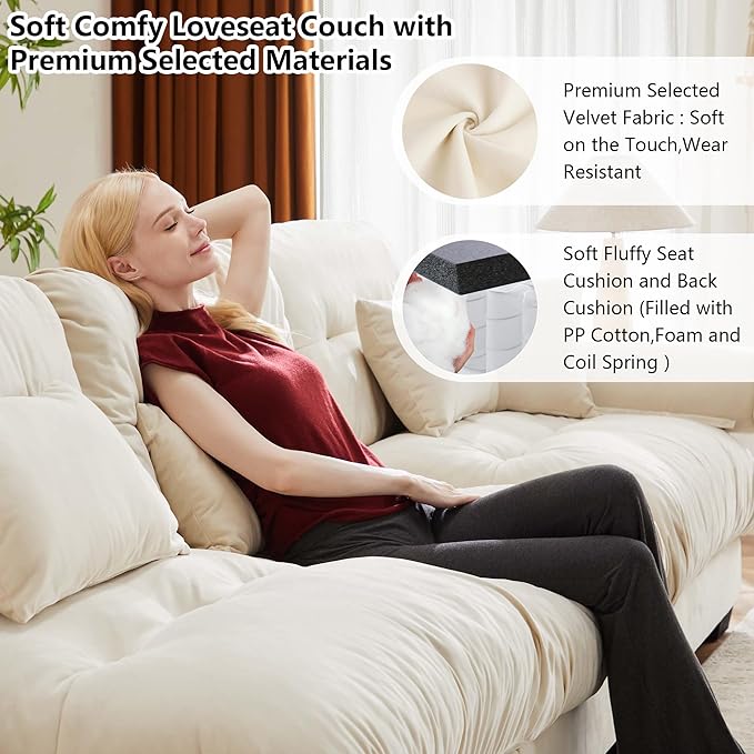 Aoowow Oversized 3 Seater Cloud Sofa Couch for Living Room130 Velvet Large 3 Seat Cloud Sofas with Deep SeatModern Fluffy Modular Sectional Sleeper CouchesTufted (Velvet Beige 3 Seater)