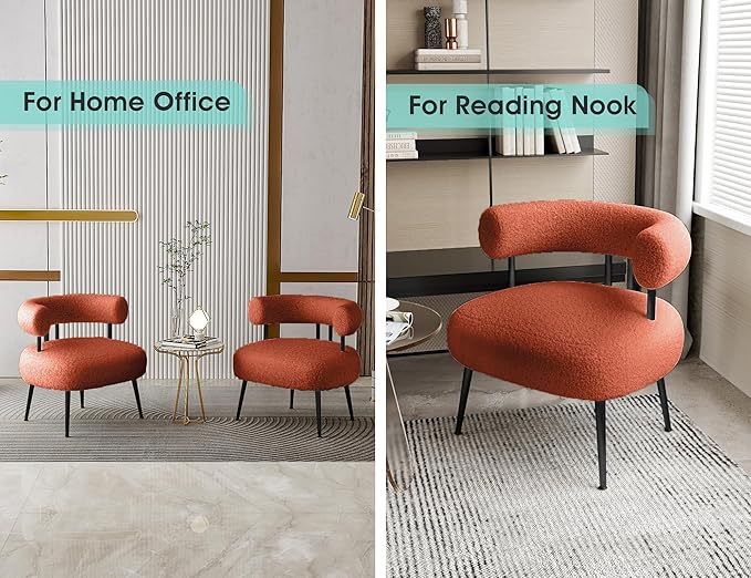 Mid Century Sherpa Boucle Accent Chair Round Upholstered Barrel Arm Chair for Small Spaces Fluffy Side Corner Sofa Chair for Living Room Bedroom Vanity Office Reading Nook（Orange）