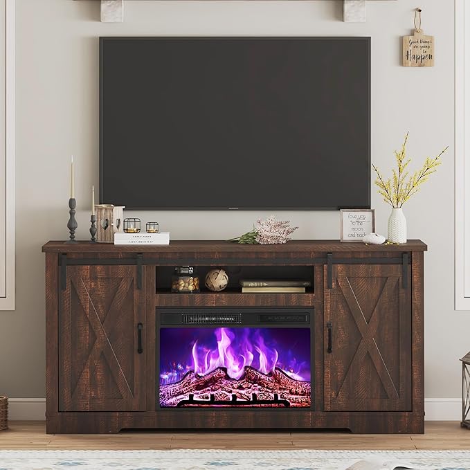 AMERLIFE Fireplace TV Stand with Sliding Barn Door for TVs up to 73 Farmhouse 63 Fireplace Entertainment Center with Storage Cabinets/Adjustable Shelves Reclaimed Barnwood