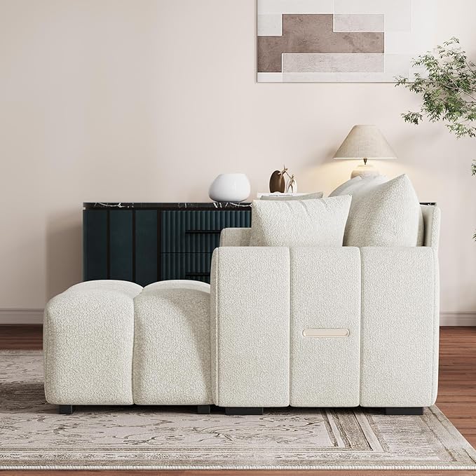 110 L Shaped Modern Boucle Sofa Modular Sectional Cloud Couch with Ottoman Tufted 4-Seat Deep Seat Sofa with Pillows for Living Room Bedroom and Apartment Beige White