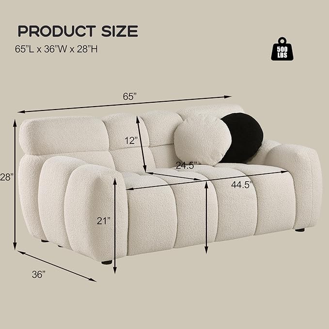 GNIXUU 65” Boucle Cloud Sofa Modern Tufted loveseat Sofa Couch with 2 Pillows Comfy Marshmallow Couches for Small Space Bedroom Apartment Office(Beige)