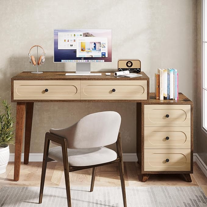 Tribesigns 51-Inch Computer Desk with 5 Drawers Rustic Brown Office Desk with Reversible Drawer Cabinet Wooden Study Writing Table Workstation with Storage for Small Spaces