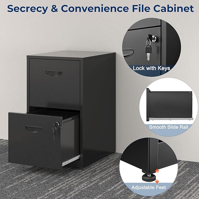 2 Drawer File Cabinet with Lock Metal File Cabinets for Home Office Under Desk Storage Printer Stand Office File Cabinets for Letters and File Boxes Assembly Required Black