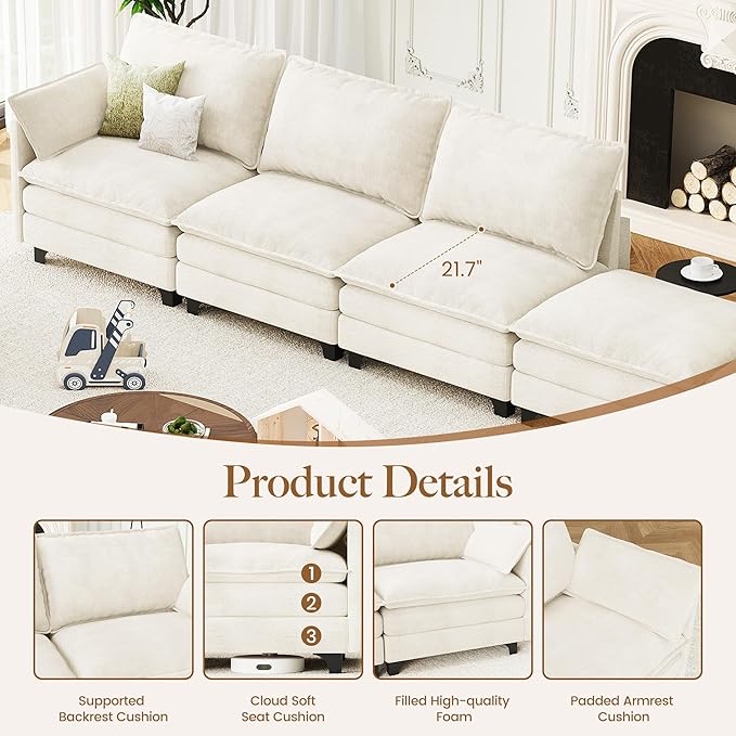 71.9 Loveseat Modular Sectional Sofa Chenille Cloud Couch with Armrest Pillows Modern 2 Seater Deep Seat Couches with Side Pocket for Living Room Bedroom and Apartment Beige