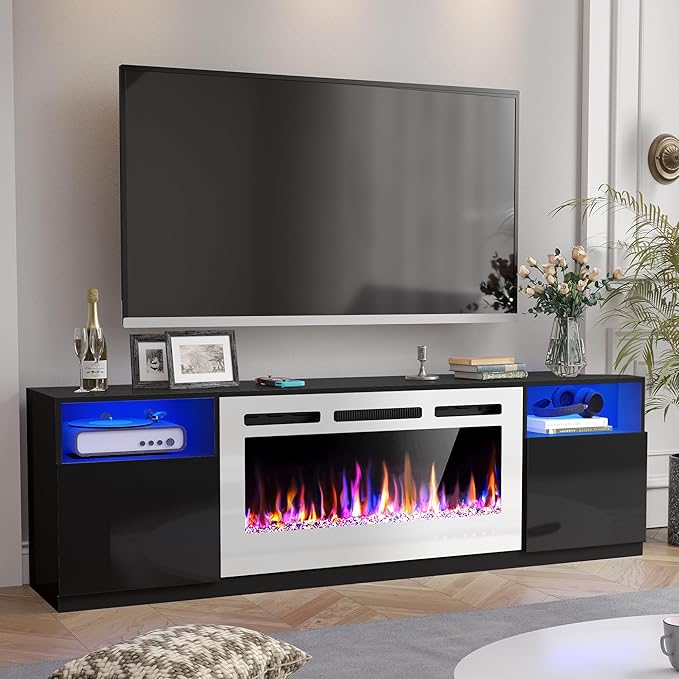 AHB Fireplace TV Stand LED Light Entertainment Center with 36 Electric Fireplace and Storage Cabinet Media Console Table for TVs Up to 80 Inches Ideal for Living Room 70 Inches (Black &amp White)