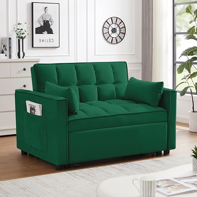 53’’ Sleeper Sofa Couch with Pullout Bed 3-in-1 Convertible Button Tufted Upholstered Futon Loveseat Sofa Bed with Side Pockets and Pillows for Small Place Living Room Apartment (Green)