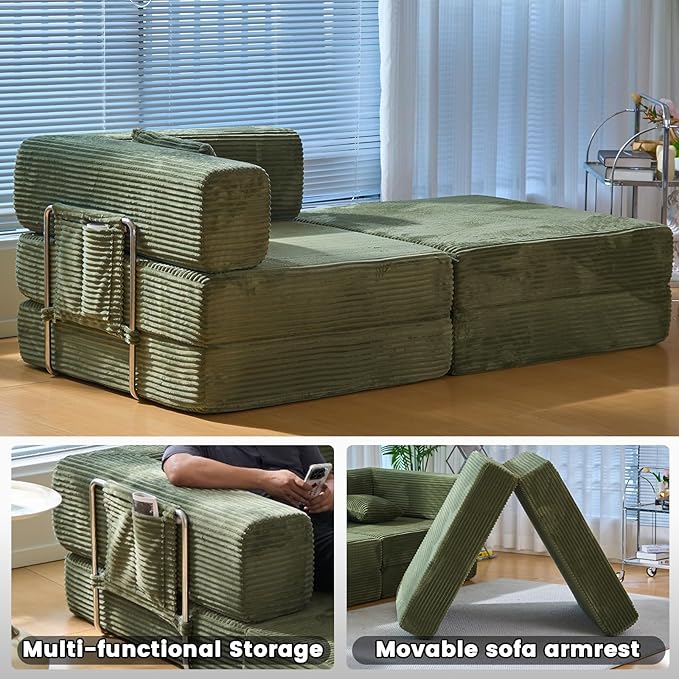 Convertible Sleeper Sofa Bed Corduroy Upholstered Green Modular Floor Couch Queen/King Size Foldable Futon with Memory Foam for Apartment Living Room Bedroom (Off White) (single-sided armrest 80.15)