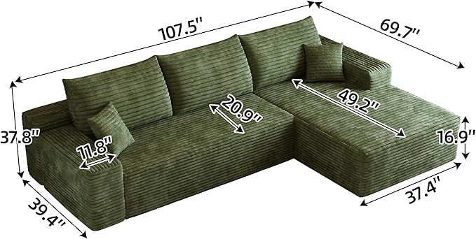 107 Cloud Sectional Couch with L-Shape Chaise Modern Modular Sofa with Deep Seat Corduroy Upholstered Couches for Living Room BedroomNo Assembly Required(Green Right Facing)