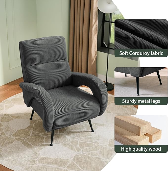 Modern Accent Chair Reading Chair with Corduroy Fabric Upholstered and Hight Backrest Single Sofa Chairs for Living Room Apartment Bedroom and Small Spaces. (Grey)