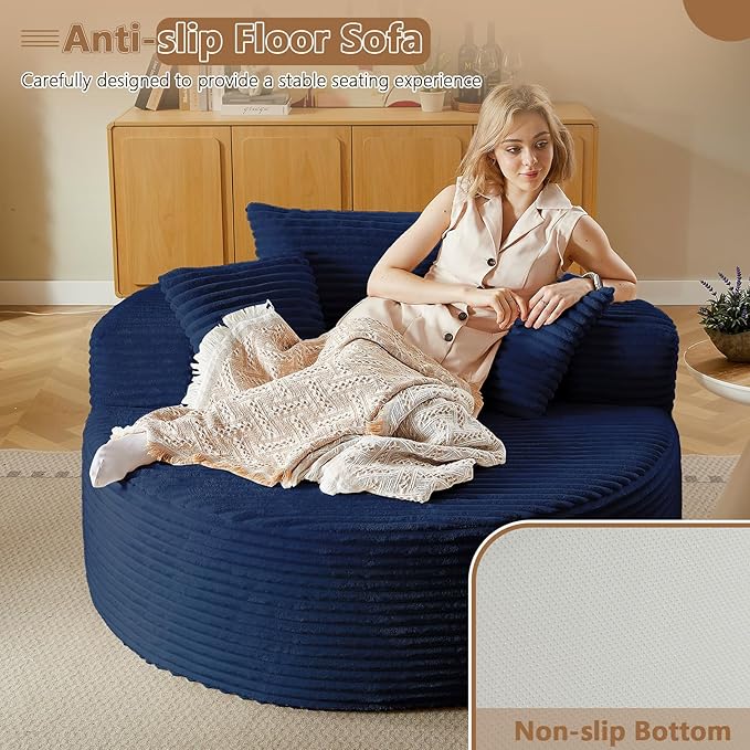 Oversized Round Chair Lounge Chaise Indoor Upholstered Corduroy Deep Seat Cloud Large Circle Sofa Chair No Assembly Required Fluffy Modern Sleeper Sofa Bed for Reading Living Room Bedroom Blue