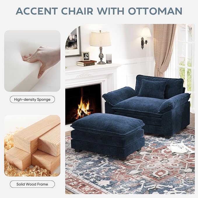 CDCASA Oversized Accent Chair with Ottoman Chenille Comfy Cloud Sofa Chair with Large Seat and Upholstered Armrests Modern Extra Wide Armchair for Bedroom Living Room Blue
