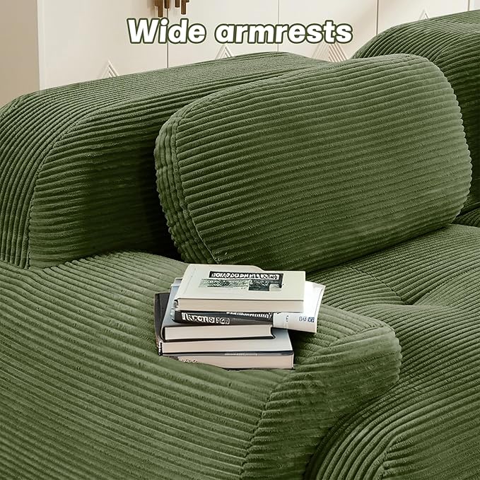 80 Modern Compressed Boneless Love Seat Couches with 1 Ottoman 2 Seater Large Sectional Couches for Living Room Green Corduroy Cloud Modular Sectional Sofa Memory Foam Deep Loveseat No Assembly