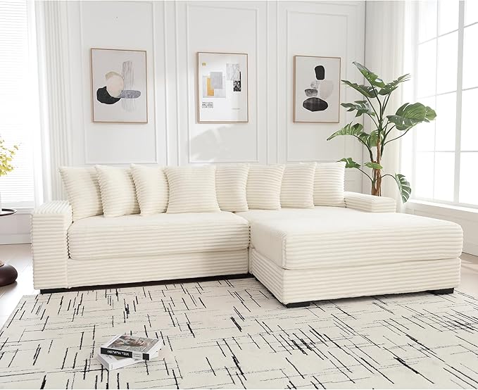 KEIKI 111 L-Shaped Oversized Corduroy Modular Sectional Sofa with Right Chaise Lounge and 8 Throw Pillows 3-Seater Corner Couch with Padded Armrests Easy Assembly for Living Room Beige