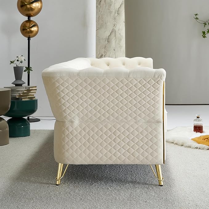 87.4 Velvet Sofa Couch Mid-Century Modern Chesterfield Loveseat Classic Button Tufted 2 Seater Couch with Golden Legs for Living Room Office Bedroom (Beige)