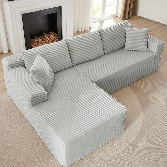 103'' Modular Sectional Sofa with Deep Seat Comfy L Shaped Couch Modern Cloud Couch with Oversized Chaise Corduroy No Assembly Required for Living Room Bedroom Light Grey