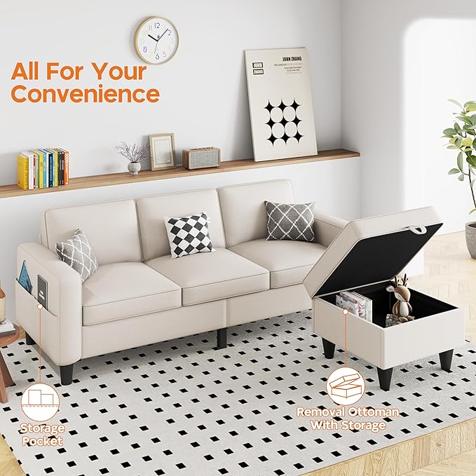 Sectional and Sofa Couches for Living Room Living Room Furniture 3 Seats Sofas with Movable Storage Function Ottoman Small Sofas for Bedroom Apartment or Office