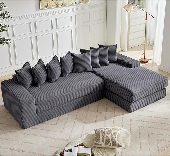 L Shaped Modular Cloud Couch with 8 Pillows Modern Corduroy Boneless Sectional Sofa with Large Chaise for Living Room Office Studio Flat Right Facing Chaise Compressed Sofa (Dark Grey)