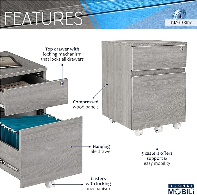 Techni Mobili Rolling Lock and Storage 2 Drawer Vertical Filing Cabinet 15.75 L x 17.75 W x 23 HGrey