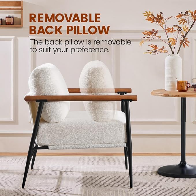 Yaheetech Accent Chair Modern Vanity Chair Boucle Fabric Lounge Chair with Metal Frame Plush Back Pillow and Seat Cushion Pocket Coil Seat for Living Room Bedroom Makeup Room Ivory