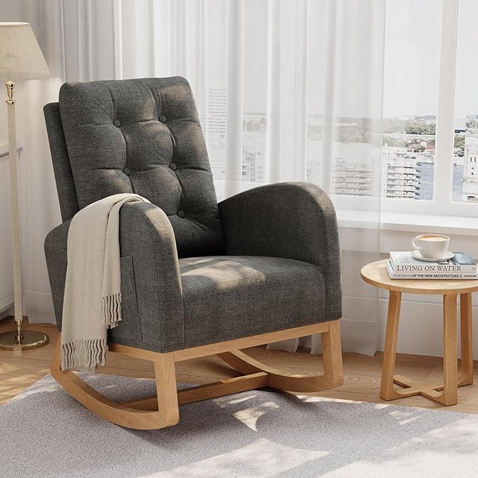GarveeHome Nursery Rocking Chair Linen Fabric Upholstery Sturdy Wooden Legs &amp High Backrest Comfortable Glider Rocking Chair for Living Room or Bedroom Dark Grey