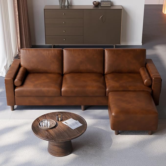 Vesgantti 100 L Shaped PU Faux Leather Sofa with Movable Ottoman 3 Seater Leather Sectional Couch with Side Pocket Comfy Modern Modular Couch for Living Room Apartment Cocoa