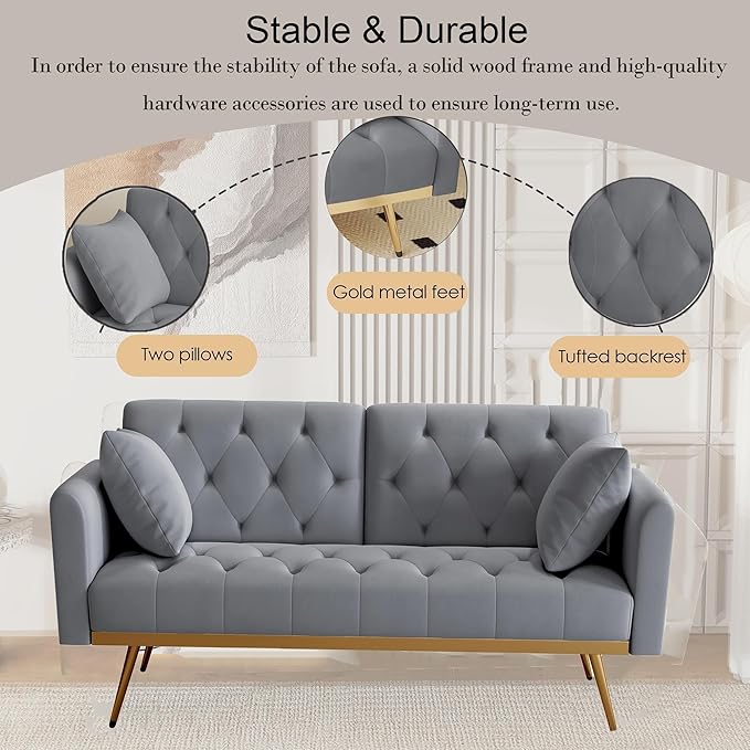 Modern Velvet 2 in 1 Futon Sofa BedConvertible Folding Sleeper Bed Couches with 2 Pillows73 Tufted Recliner Love Seat with Golden Chrome Legs for Living Room Apartment Office (Grey-New)