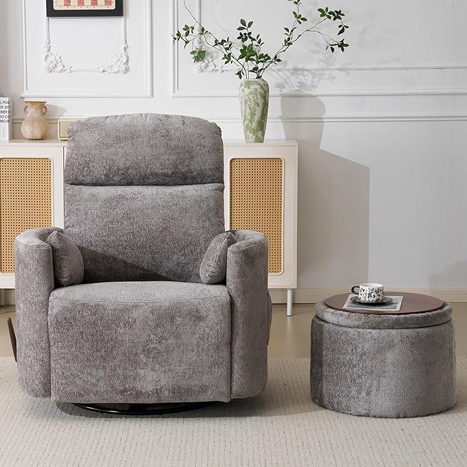 Oversized Swivel Rocker Recliner Chair with Massage and Heat Manual Swivel Glider Rocker Recliner with 2 Bolster Pillows Rocking Nursery Chair with Storage Ottoman  Adjustable Headrest Dark Grey