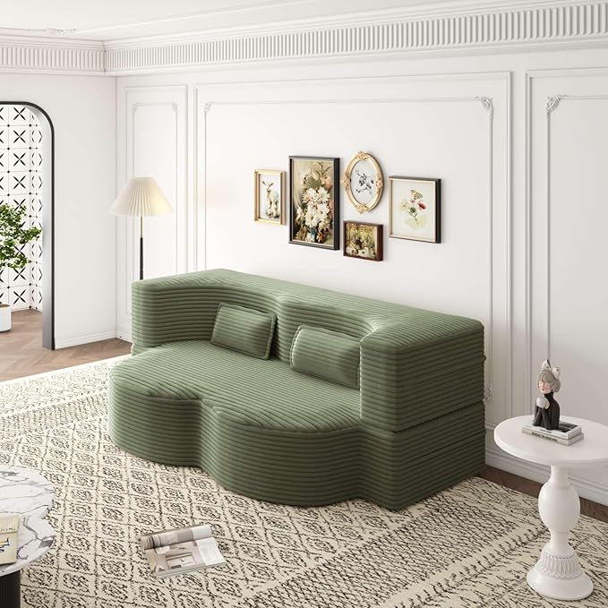 Modern 2-in-1 Convertible Sofa Bed 78 Full Size Corduroy Floor Sofa with 2 Pillows Folding Mattress Sleeper for Living Room &amp Guest Room No Assembly Required