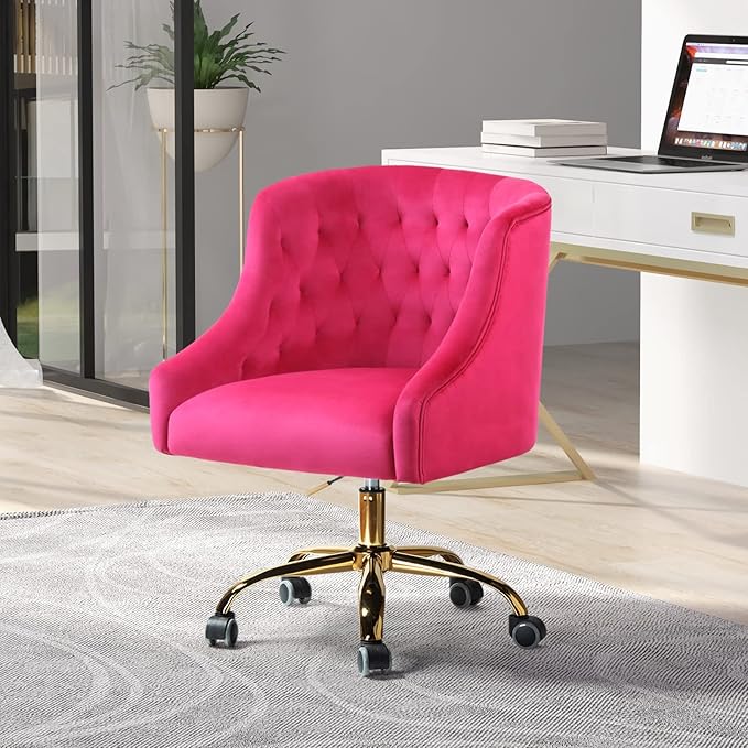Velvet Home Office Chair with Gold Base Comfortable Modern Cute Desk Chair Adjustable Swivel Task Chair for Living Room Bedroom Vanity Study Fushia