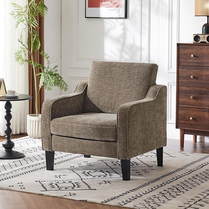 VINGLI Chair Light Brown Upholstered Chenille Accent Chair for Living Room Bedroom Mid-Century Modern Arm Chair Comfy Reading Chair with Scooped Arms