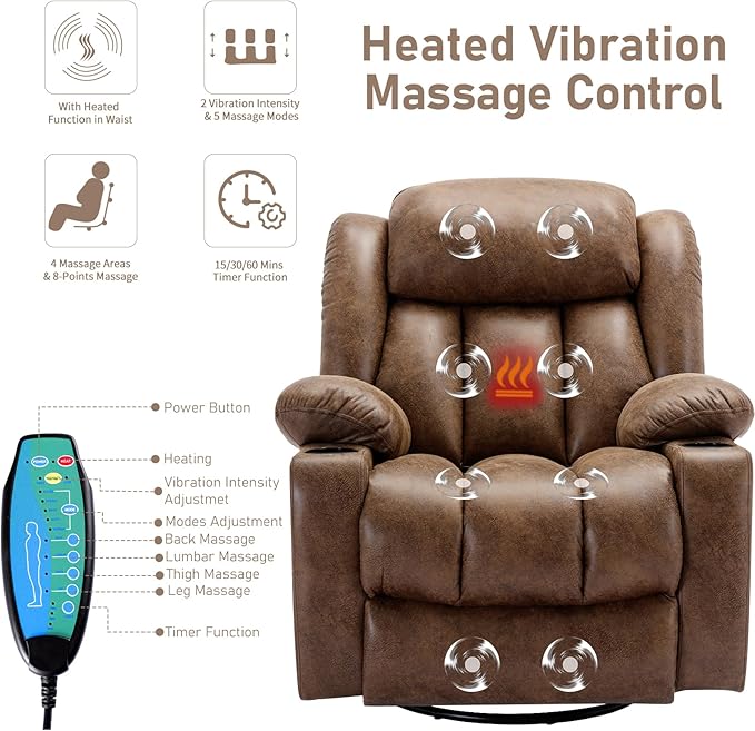 360° Swivel Rocker Recliner Chair with Heat and Massage Manual Glider Rocking Reclining Chair Swivel Overstuffed Lounge Reclining Chair with 2 Cup Holders Side Pockets &amp USB Ports Brown